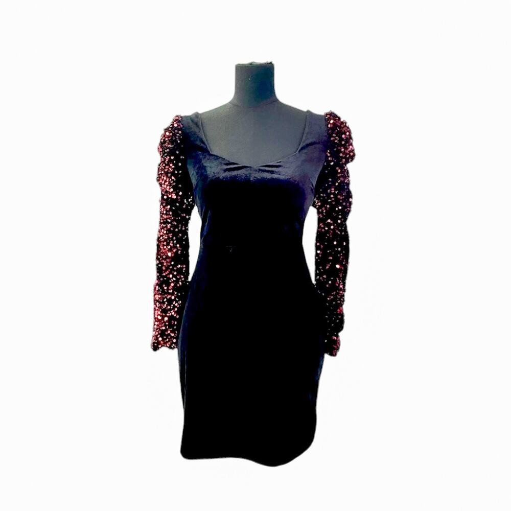Miss ODD Black Velvet & Sequin Puff Sleeve Mini Dress Large